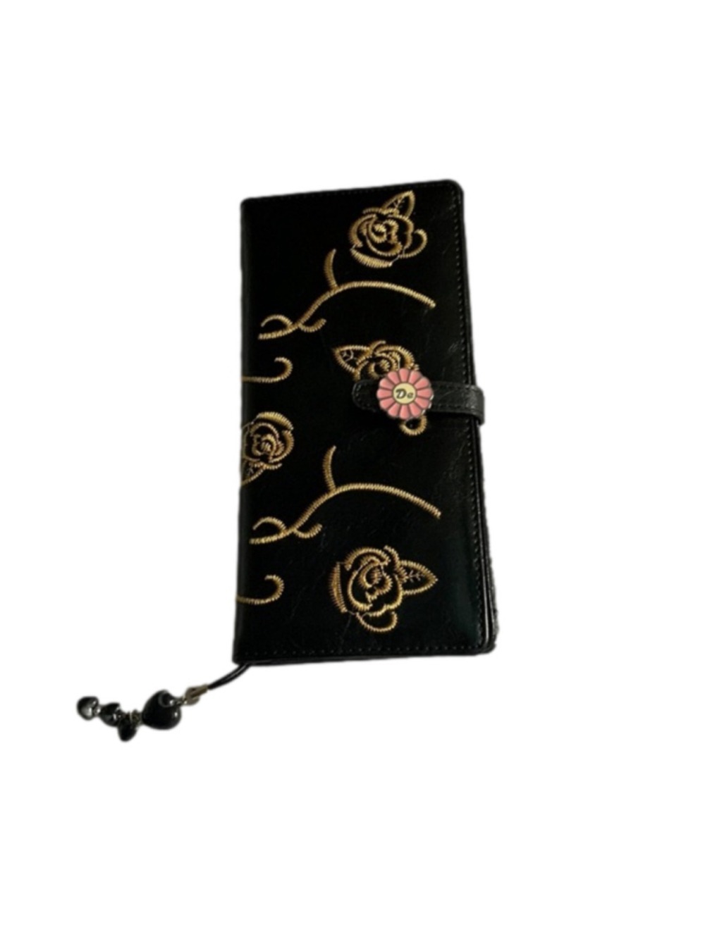 Black wallet with gold embroidered flowers pink flower closure